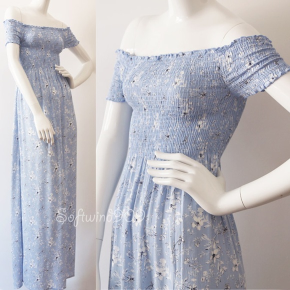 Blossom Clothing Dresses & Skirts - Light Blue Floral Smocked Off Shoulder Maxi Dress